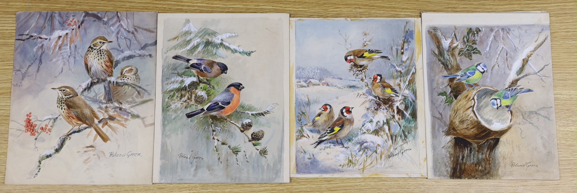 Roland Green (1890-1972), four watercolours, garden birds, signed, unframed, largest 28 x 23cm